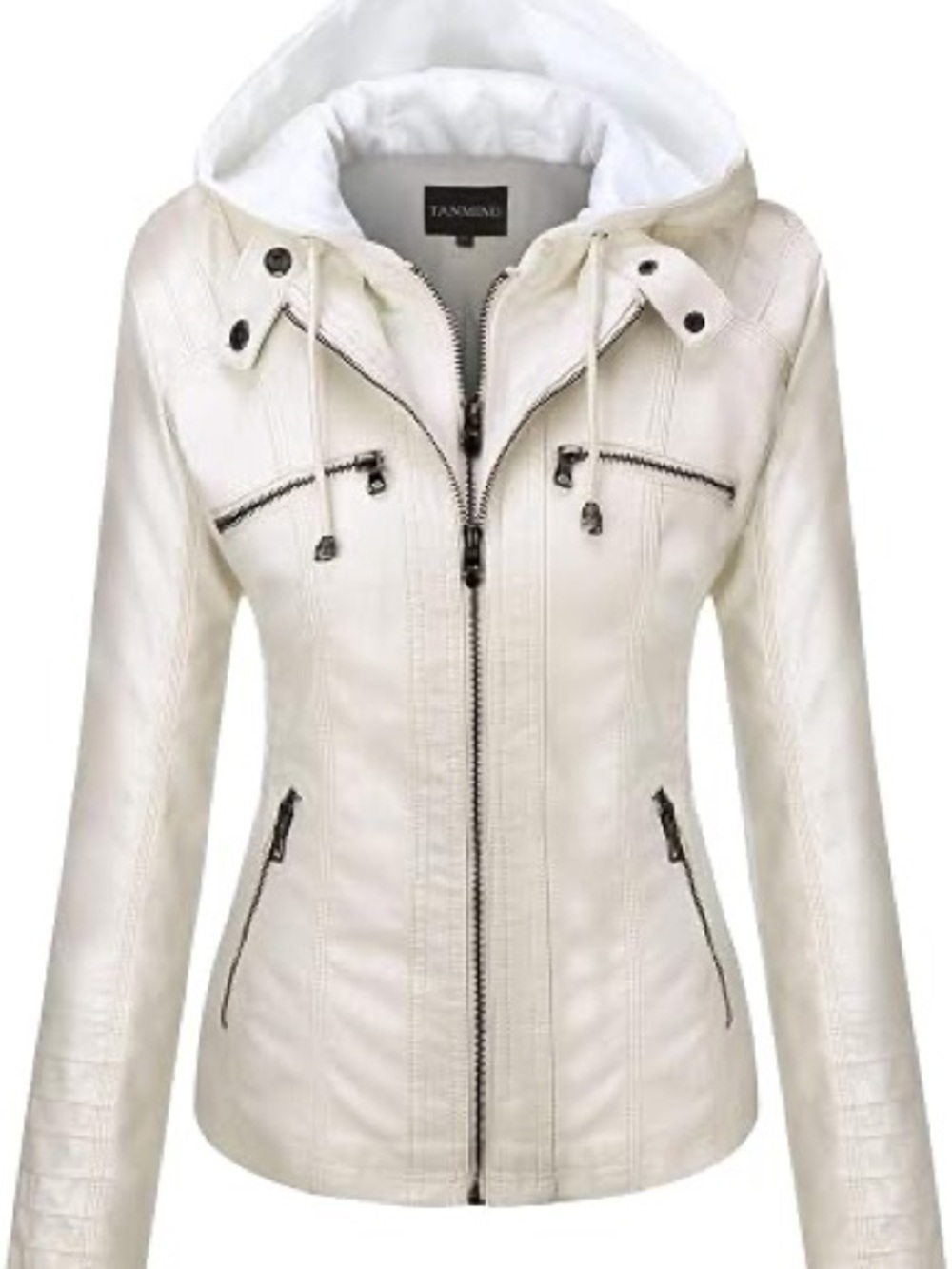 Tanming Women’s Hooded Faux Leather Moto Jacket White Large NIP Zip